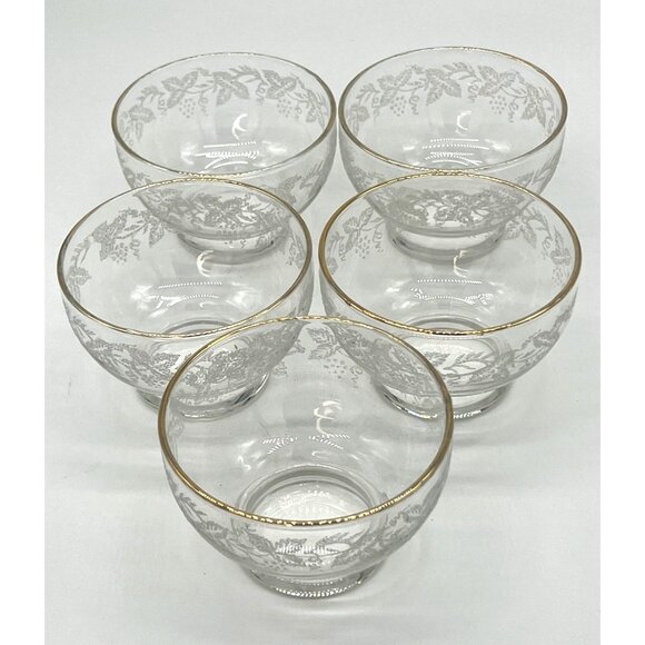 1950’s Bartlett Collins Grape Leaf Gold Rimmed Etched Glass Pudding Cup Set of 5 - Picture 4 of 5